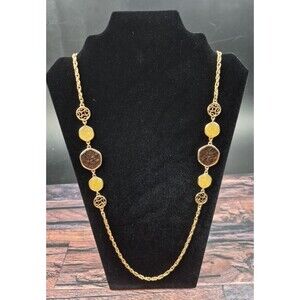 Vtg Sarah Coventry Rope Chain Necklace Gold Tone Yellow‎ Amber Glass Cabochons